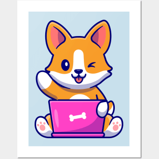 Cute Corgi Dog Working On Laptop Cartoon Posters and Art